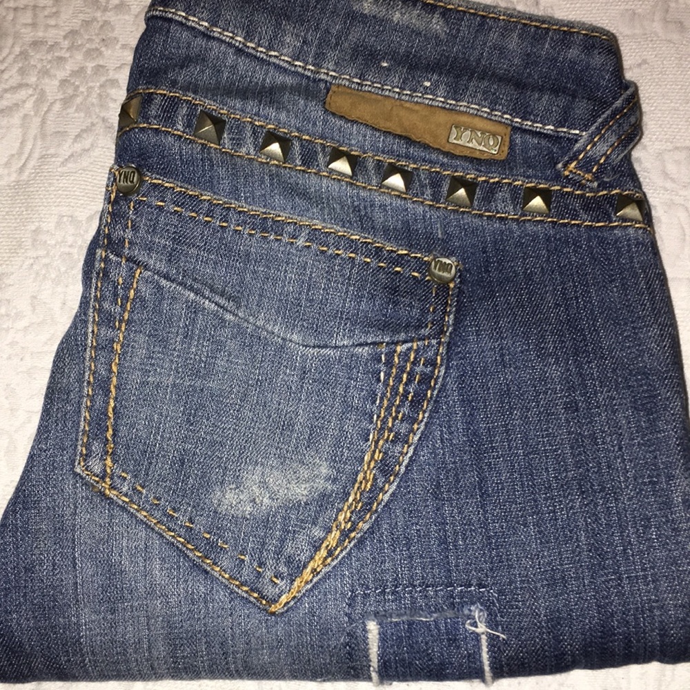 YNQ Denim Worn, Torn, Adorned Stretch Jeans